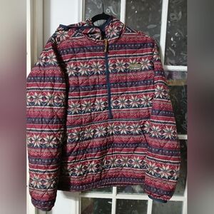 LL Bean Pullover Quilted Jacket Hood Puffer Red Snow flake Womans XL winter snow